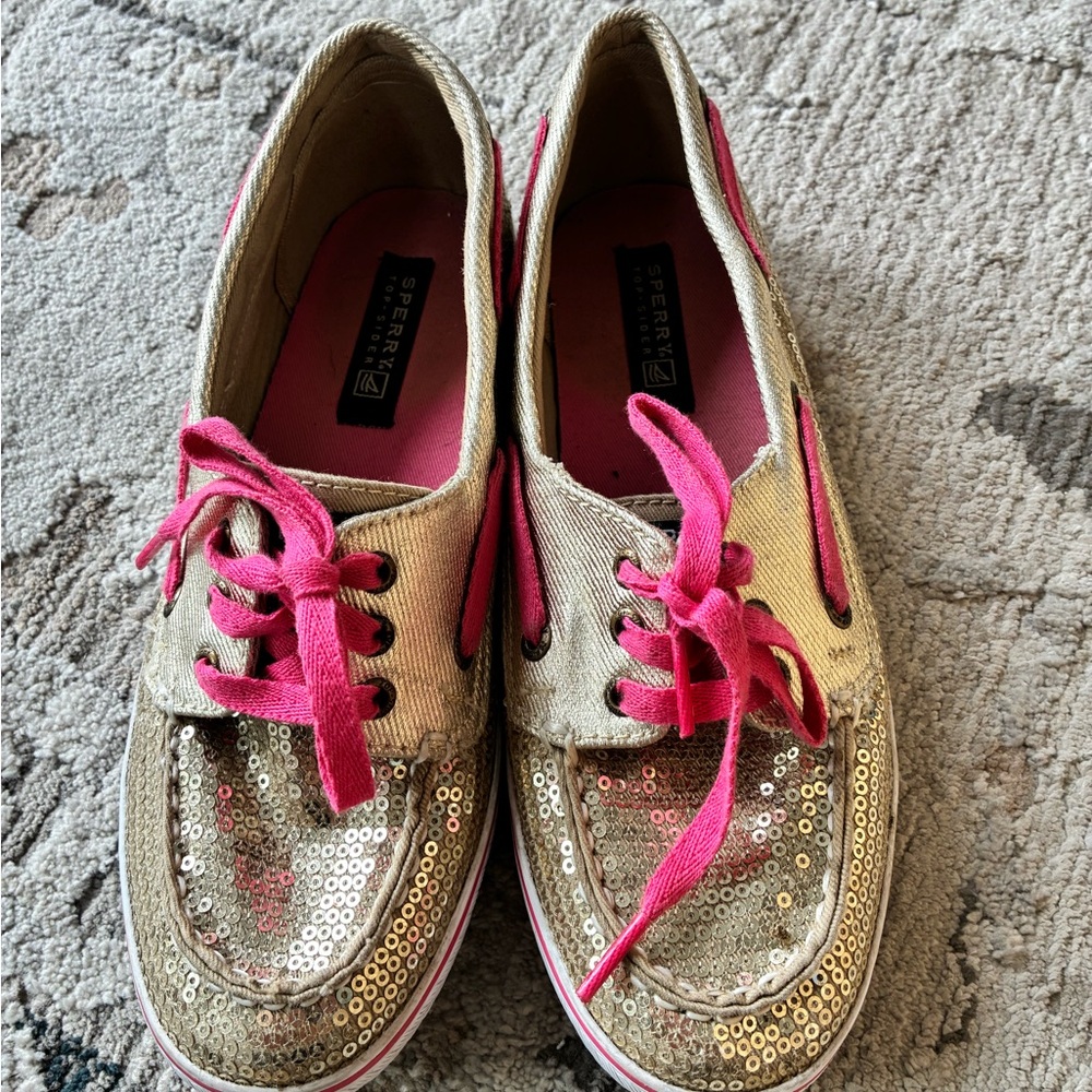 Sperry Women's Gold Sequin Sneakers with Pink Laces